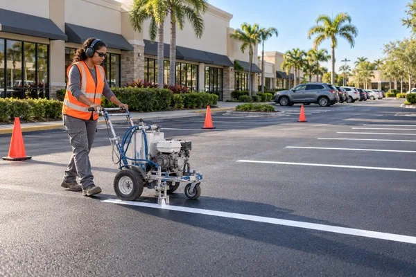 Worker paints crisp white parking lines with a striping machine outside a retail center.