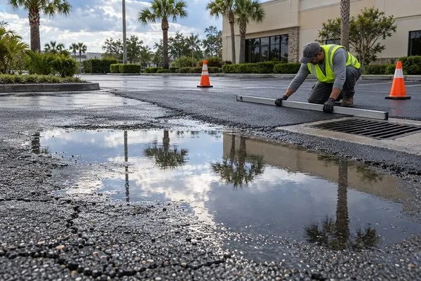 Paving worker checks asphalt grade beside a storm drain while standing water pools on the worn parking lot surface.