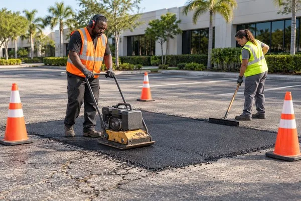 Asphalt repair crew compacts and levels a fresh parking lot patch within an area marked by traffic cones.