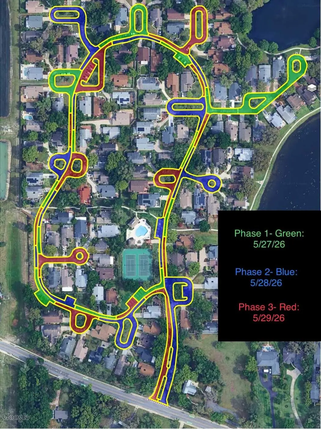 Color-coded phase map showing which sections of a commercial parking lot get sealcoated on which day